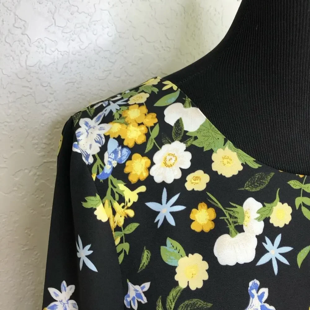 Ann Taylor Factory black yellow white floral long sleeve dress size Medium